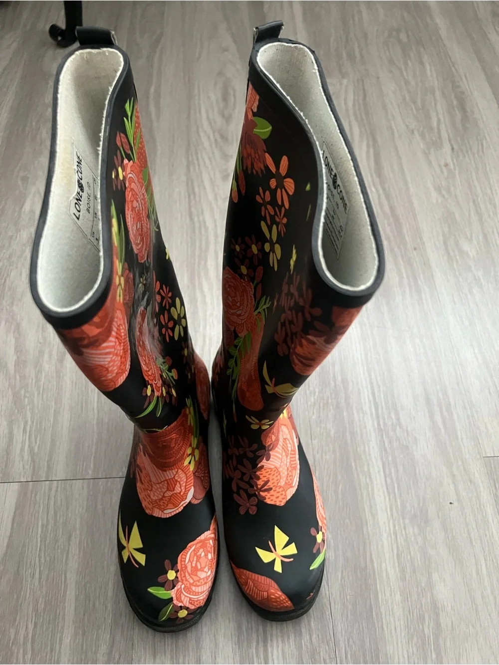 Lone Cone Floral Rain Boots Womens Size 8 Black Rubber Garden Boots Waterproof